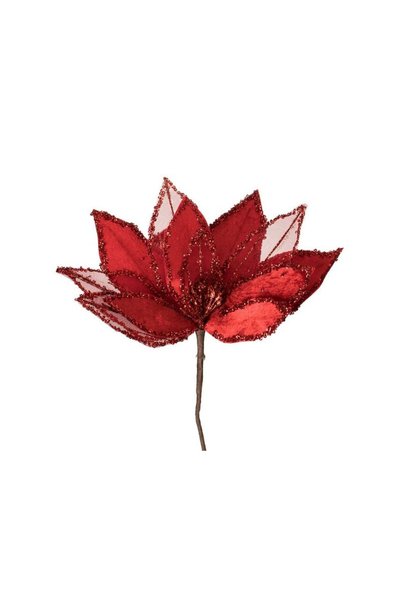 Jumbo Floare Decorativa de Craciun Rosie Catifelata Transparenta cu Glitter 30cm