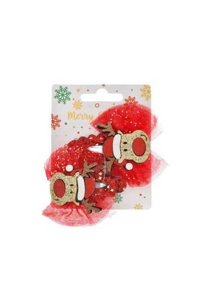 Jumbo Clame Par de Craciun Fundite Rosii din Tul cu Ren & Glitter 6,5cm - 2buc