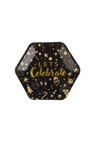 Jumbo Farfurii de Petrecere din Carton Negre cu Mesaj din Folie Aurie "Celebr...
