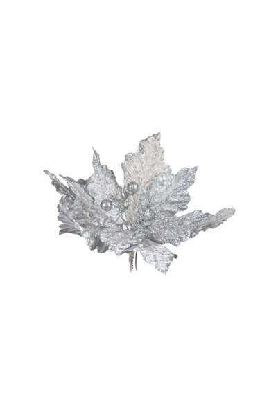 Jumbo Floare de Craciun Argintie cu Paiete Glitter & Clips 23cm