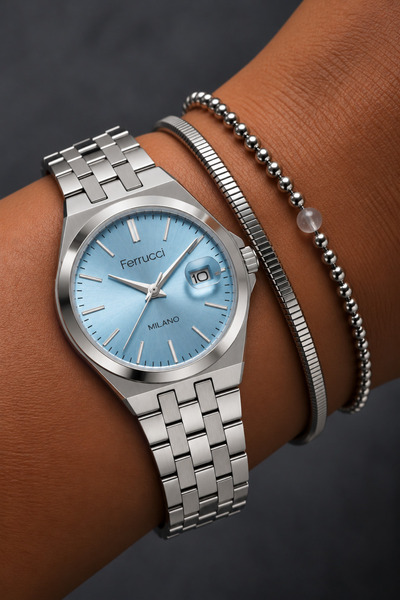 Ferrucci Milano Women's Silver-Colored Metal Strap Watch with Ice Blue Dial, ...