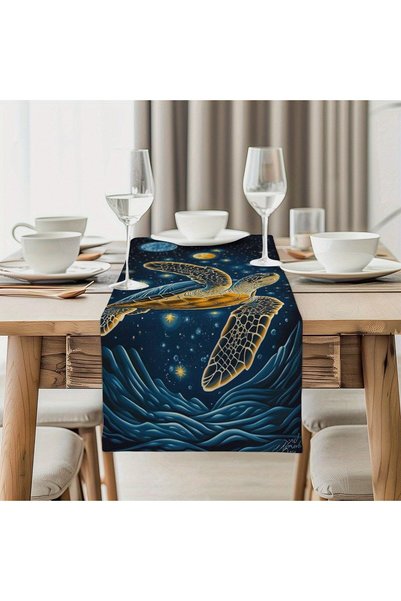 Generic Turtle Galaxy Dreamcatcher Long Table Runner Navy Blue Polyester Gold...