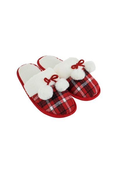 Jumbo Papuci de Craciun Rosii cu Model in Carouri & Pompon