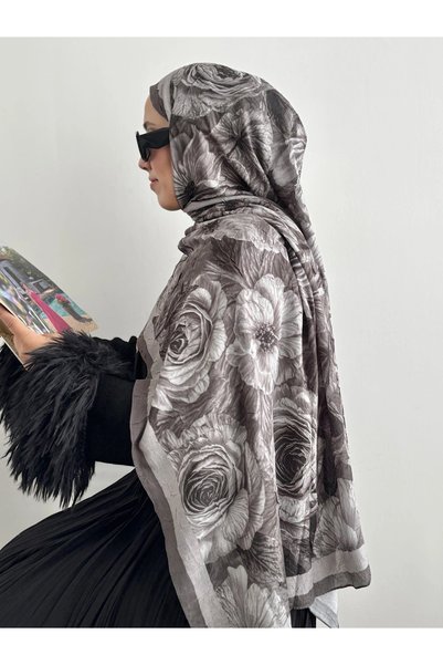 Hepsi Moda Wedding Flower Pattern Digital Kraş Scarf - Stone & Smoke Gray