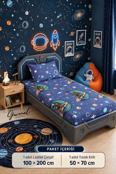 Güvenal Orion | Set posteljine sa dezenom astronauta od 100% pamuka za jednok...