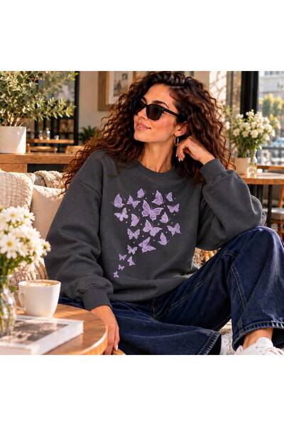 caddekombin Women's Purple Butterfly Print Graphic Oversized Sweatshirt - Cre...
