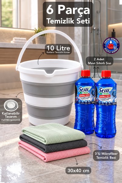 Meleni Home 6'lı Temizlik Seti - 3'lü 30x40 Mikrofiber Bez 10Lt Su Kovası ve ...