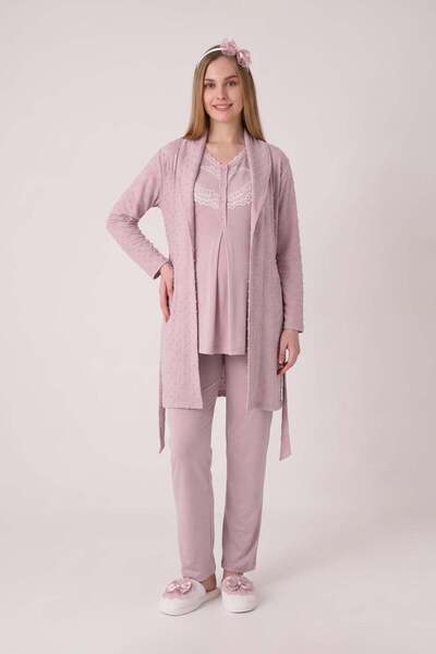 ERDENİZ TEKSTİL Maternity Pajama and Robe Set, 3-Piece, with Lace, V-Neck, Bu...
