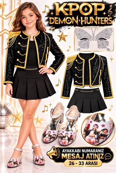 bemora kids K-Pop Costume with Chain Detailing – Black Chain Skirt – Face Mas...