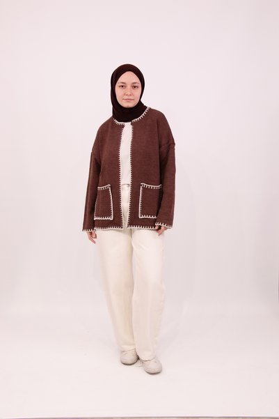 ilmek 25104 Kadın Çoban Dikiş Detaylı Cepli Hırka Kahverengi