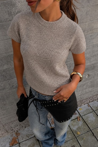 DAMGA JEANS Women's Crew Neck Short Chic Cream Knit Sweater