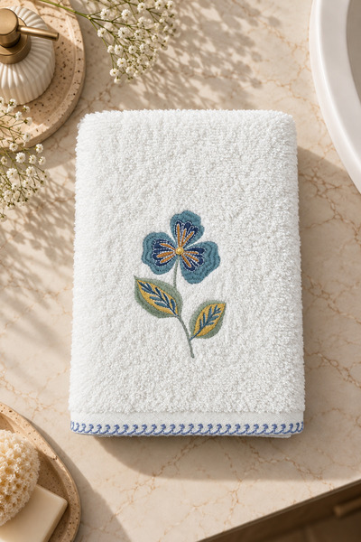 Daylife 100% Cotton Blue Flower Embroidered Face Towel 50X90 cm Soft Textured...