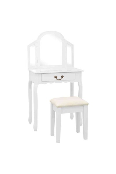 vidaxl Masă toaletă cu taburet, alb, 65x36x128 cm, lemn paulownia, MDF
