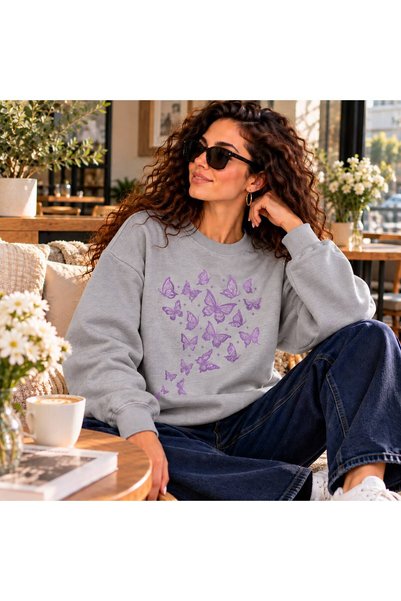 caddekombin Women's Purple Butterfly Print Graphic Oversized Sweatshirt - Cre...