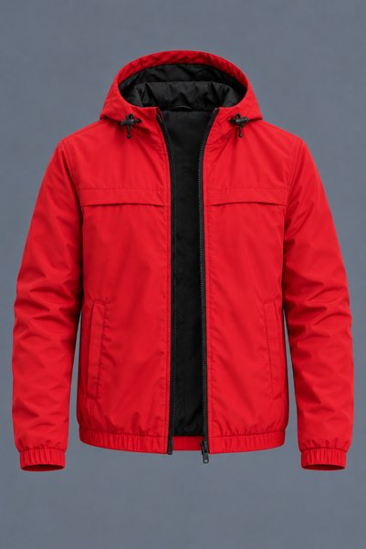 DAMGA JEANS Men's Spring Red Raincoat with a Stand-Up Collar, Hood, and Zipper.