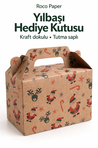 roco paper Tutmalı Yılbaşı Desenli Kraft Ambalaj ve Hediye Kutusu 2 Adet - 11x16x8 cm, Noel Temalı Butik Poşet