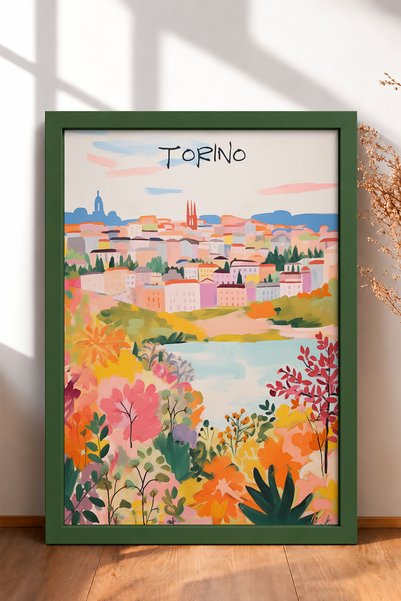 HOMEPACK Tablou cu silueta orașului Torino și malul râului încadrat de flori ...