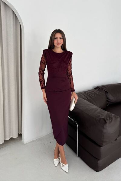 Neşeli Butik فستان نسائي متوسط الطول، مزين بنقشة لامعة باللون العنابي، بأكمام...