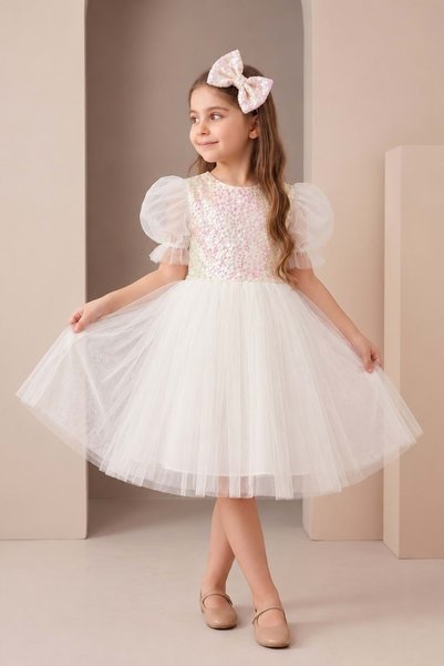 Mnk Baby&Kids Balon Kol Pul Payet Kız Çocuk Tütü Elbise M00751 EKRU