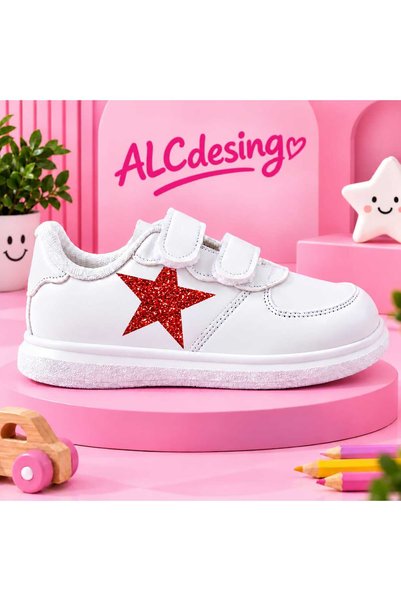 alcdesing Girls' White Velcro Sports Shoes – Printed Detail Casual Sneakers