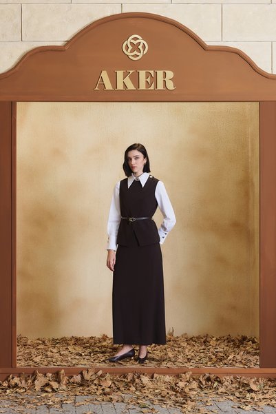 Aker Brown Crepe Skirt with Pile Detail