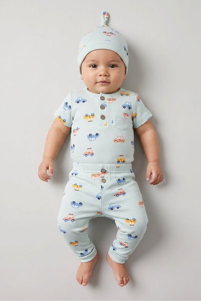 Emily and Oliver Toddlers Boy 3 Pcs Allover Print Romper And Pants With Beani...