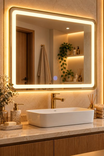 Le Paon Dikdörtgen LED Işıklı Ayna 70x50 Cm 3 Işık Modlu Dokunmatik Altın Çer...