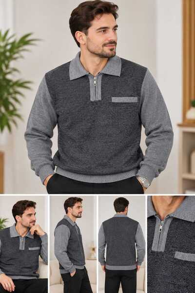 KMKkombin Men's Plain Sweater with Zippered Pockets and a Collar Without a Bu...