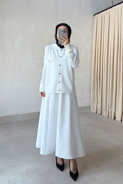 Ka Hijab Fustă cloș din țesătură crep - Albă