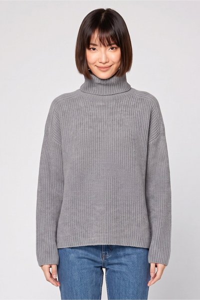 vivere Women Turtle Neck Knitted Sweater, Grey