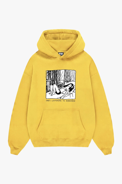 Bak Moda She's Listening Printed Yellow Oversize Unisex Hoodie