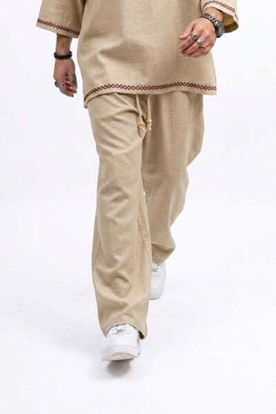 SLN COLLECTİON Viscose Linen Baggy Pants - Beige