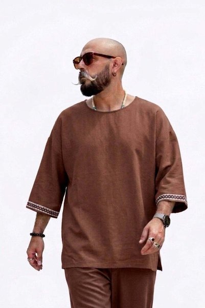 SLN COLLECTİON Harem Style Viscose Linen T-Shirt - Brown