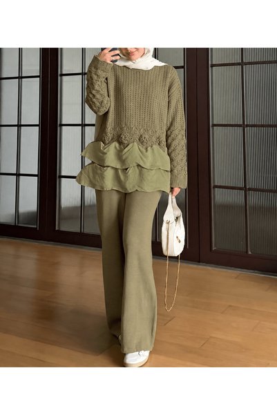 Hepsi Moda Ruffled Rose-Detailed Knit Pantsuit - 1126 - Olive Green (Ös)