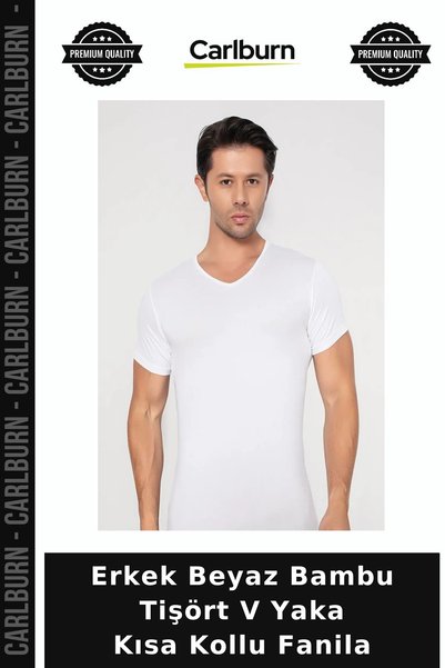 Carlburn Custom-Made Men's White Bamboo T-Shirt, V-Neck, Short-Sleeved, Summe...