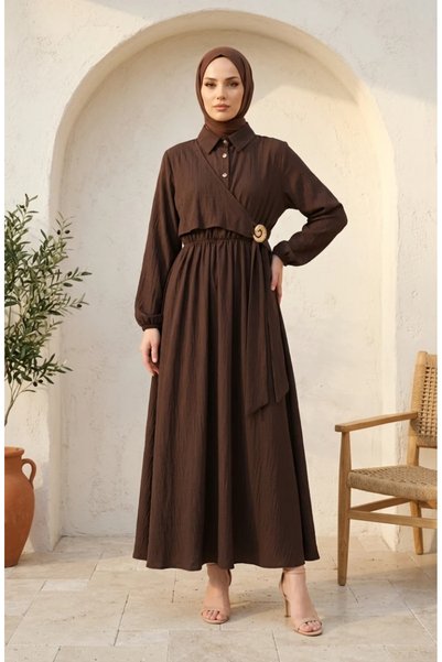 sefamerve Half-Buttoned Dress with Elastic Waistband 0319-09, Dark Brown.