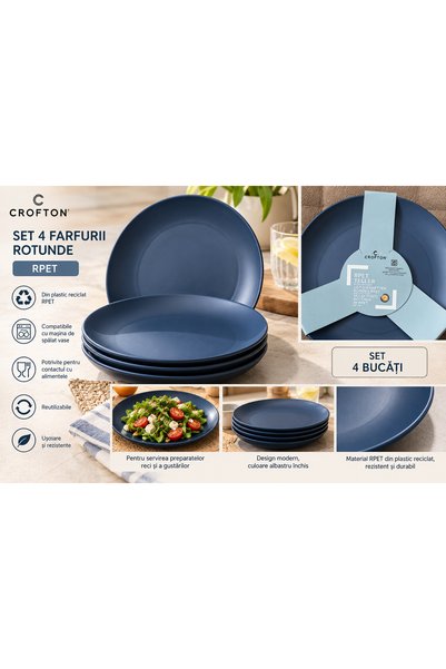 CROFTON Set 4 farfurii rotunde RPET – albastru închis, reutilizabile