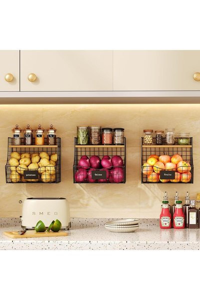 GENERAL 3 Pack Fruit Basket for Kitchen with Wood Lid - Counter&Wall Mounted ...