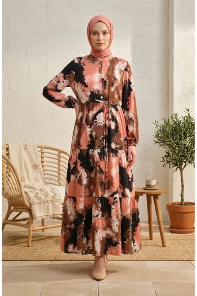 sefamerve Modal Fabric Dress with Drawstring Waist 0160-04 Salmon Brown