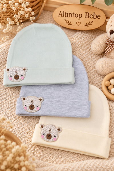 altıntop bebe Unisex Baby Cotton Hat Set with Bear Design (3-Piece)