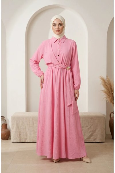 sefamerve Half-Buttoned Dress with Elastic Waistband 0319-04 Pink