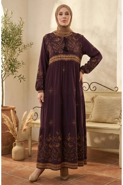 sefamerve Plus Size Floral Print Viscose Dress 4084-11, Plum Color.