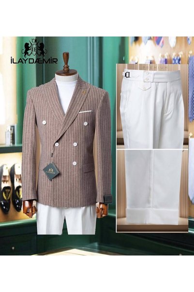 ilayda emir Luxury, Double-Breasted, Striped, Slim Fit, Men's Brown Suit, Whi...