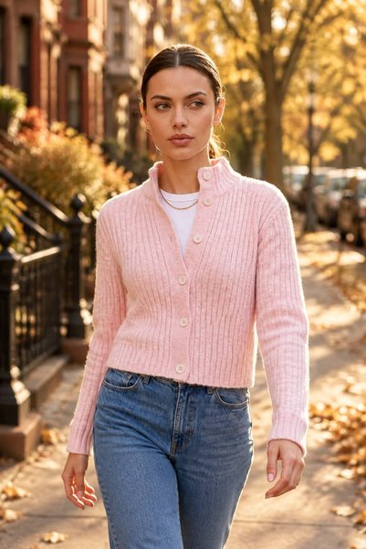 we-rayss Yumuşak Dokulu, Crop Model, Düğme Kapamalı Pembe Renk Yumoş Hırka
