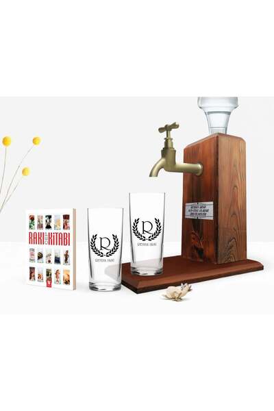Bk Gift Kişiye Özel Renkli Baskılı Çelenk Baş Harfli İsimli Tasarımlı İkili Rakı Bardağı Ahşap Rakı Standı v