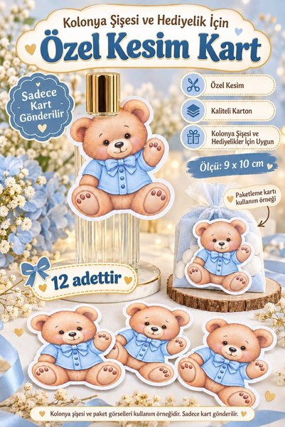 Emtory Home 12 Adet Mavi Ayıcık Özel Kesim Kart Kolonya Şişesi ve Bebek Hediy...
