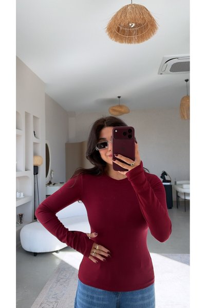 Buket Teke Burgundy Imported Fabric Fingerless Bodysuit