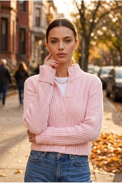 we-rayss Yumuşak Dokulu, Crop Model, Düğme Kapamalı Pembe Renk Yumoş Hırka