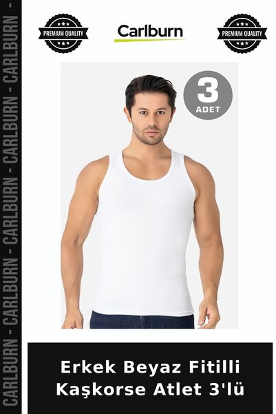 Carlburn Premium Men's White Ribbed Fitted Tank Top, 3-Pack, Sleeveless T-Shi...
