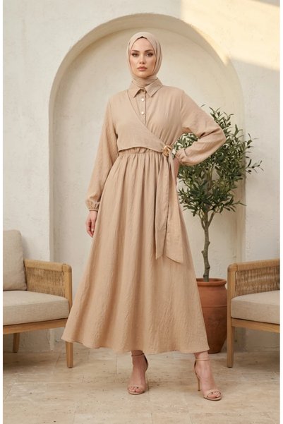 sefamerve Half-Buttoned Dress with Elastic Waistband 0319-10, Milk Coffee Color.
